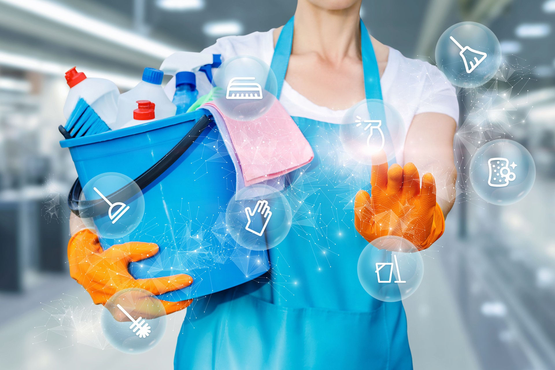 Cleaning lady clicks on a cleaning service button on a virtual computer screen.